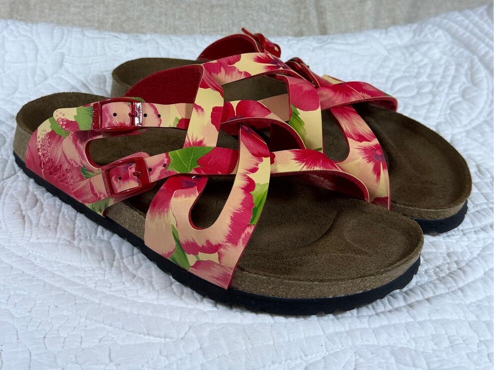 Birki's Women's 9 Pink Tropical Floral Strap Comfort Sandals Birkenstock Casual